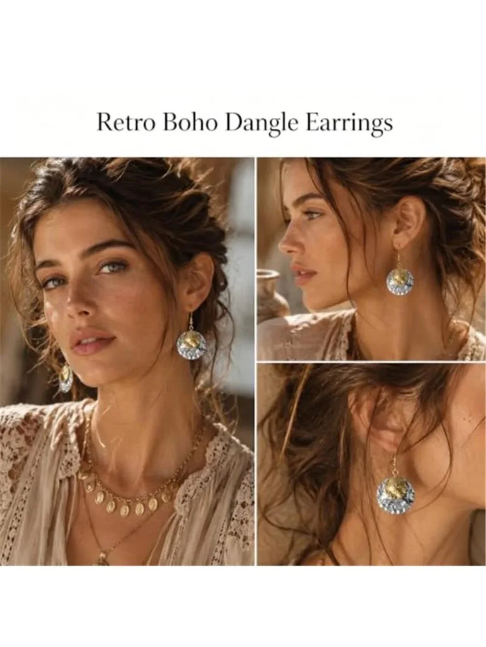 Womens Boho Statement Earring 14K Two-Tone Hammered Disc Drop Earrings